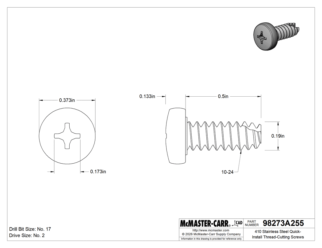 Technical Drawing of 410 Stainless Steel Quick-Install Thread-Cutting Screws, for Soft Metal, 10-24 Thread Size, 1/2" Long.